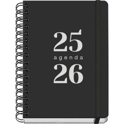 Imagen de Dohe Agenda Escolar 2025 2026 Semana Vista, Tamaño A5 (15x21 cm), Español e Inglés, Septiembre a Junio, Cierre de Espiral Doble y Goma, Tapa Flexible, 4 Páginas Pegatinas GRAMMAR Negro