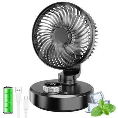 Imagen de ITJMRJP Ventilador de Mesa Silencioso Pequeño Portatil Mini USB 6000mAh Bateria Recargable 6 Velocidades Pantalla LED Oscilación Libre 180 para Oficina Hogar Camping(Negro)