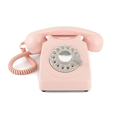 Imagen de GPO 746 Teléfono fijo de disco con estilo retro los años 70, cable en espiral y timbre auténtico Rosa clavel