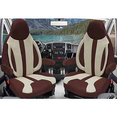 Imagen de Fundas de asiento a medida, juego asientos piloto para conductor y copiloto, compatible con autocaravana FIAT Ducato, Pössl, Knaus, Adria, Carthago, Pilote Laika WPL412, beige/marrón