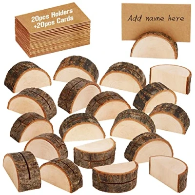 Imagen de 20PCS Soportes Tocón Madera Portanotas con Clippara Tarjetas Sostenedor Foto Nota Nombre Número Mensaje Decoración de mesa Boda,Soporte para tarjeta boda 【20 Titulares + 20 Papel Kraft】