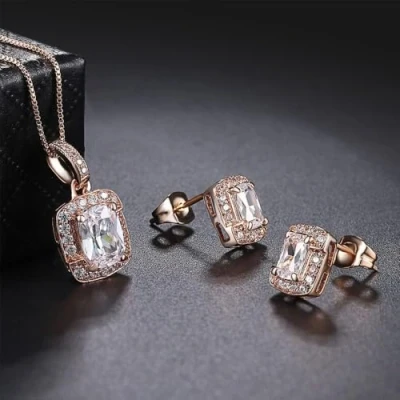 Imagen de TOFBS Conjuntos de Joyas para Mujer y Niñas, Zirconia Cúbica Collar con Colgante Pendientes Pulsera Anillo Juego (Oro Rosa#)