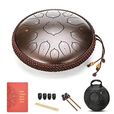 Imagen de AMKOSKR Tambor de Lengua Acero 14 Pulgadas 35cm 15Notas D Chiave,Instrumento Percusión Mano para Niño con Mazos y Bolsa Transporte(Bronce)