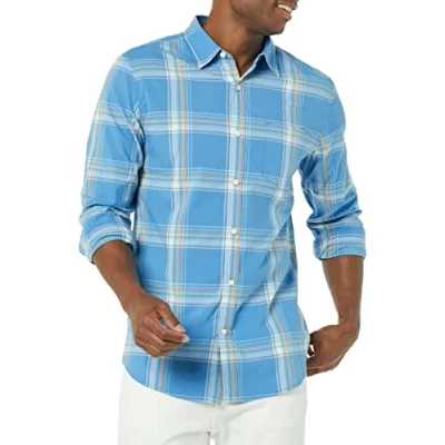 Imagen de Amazon Essentials Camisa de Popelina Elástica Corte Ajustado y Manga Larga Hombre, Azul Claro Naranja Cuadros Escoceses, XS