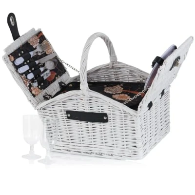 Imagen de CampFeuer Cesta de Mimbre para Picnic con Vajilla y Compartimento Refrigerador 2 Personas 10 Piezas Set Platos Cerámica, Cubiertos, Copas Cuchillo Camarero