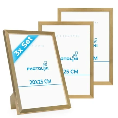Imagen de PHOTOLINI marcos 20x25 cm oro madera MDF, set de 3 para pósteres, cristal acrílico, colgar y poner pie, incluye accesorios fotos, láminas pósteres