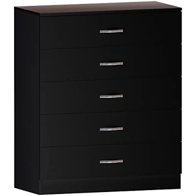 Imagen de Home Discount Vida Designs Riano Cómoda Negra de 5 cajones cajonera, Plata, H 90cm x W 75cm D 36cm
