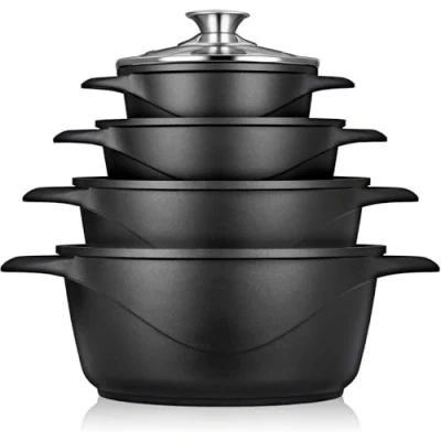 Imagen de briebe Batería Cocina Inducción 8 Piezas, Juego 4 Ollas Aluminio Fundido, Antiadherente ILAG GRANITEC sin PFOA, Set Cazuelas Tapas Cristal, Guantes Silicona, Vitrocerámica, Gas, Horno, MGK 12