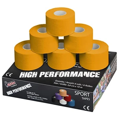 Imagen de ALPIDEX 6 x Cinta Adhesiva Deportiva 3,8 cm 10 m Sport Tape 100% Algodón Inelástica Balonmano Fútbol Voleibol Escalada, Color:Amarillo