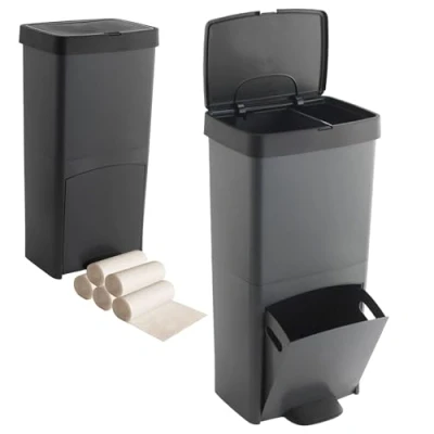 Imagen de Pack Cubo de basura o reciclaje 70L VERTICAL, 2 compartimentos, Papelera residuos INCLUYE rollo 20 bolsas 10l