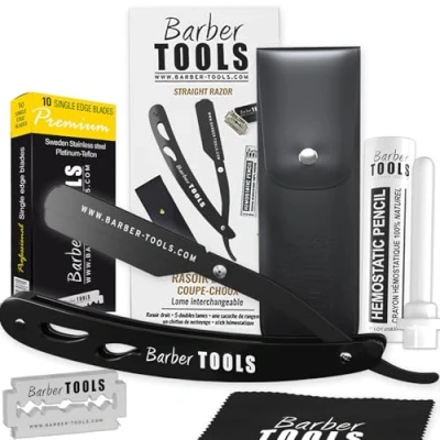 Imagen de Afeitadora de barba para hombre/navaja afeitar con piedra alumbre, paño pulido, estuche almacenamiento, 5 hojas dobles (navaja barbero) NEGRO BARBER TOOLS