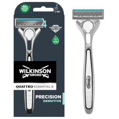 Imagen de Wilkinson Sword Quattro Titanium Precision Sensitive Maquinilla de Afeitar con Hojas Titanio para Hombre, Cuchillas 4 Aloe Vera Hidratante, Protege Irritación