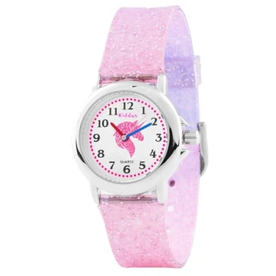 Imagen de Kiddus Relojes Niña con Purpurina. Reloj Ejercicios para Aprender la Hora. Infantil, Fácil de Leer. a Partir 4 Años. Unicornio, Correa degradada Rosa y Lila.