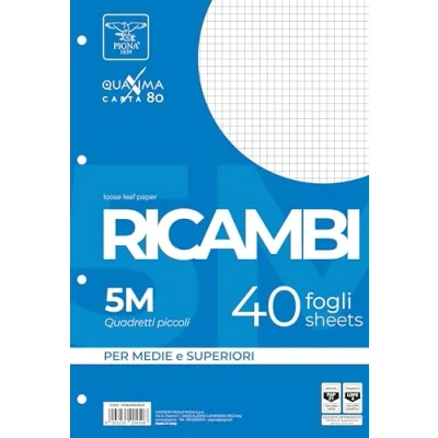 Imagen de Pigna, Paquete de 40 hojas perforadas 4 agujeros para archivar, A4, 21x29,7, con sin refuerzo, 5M, cuadriculadas 5 mm.