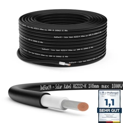 Imagen de RedStar24 Premium solar cable 6mm² Negro 100m resistente a los rayos UV, flexible, fotovoltaico, PV, de conexión para panel solar, inversor y regulador carga, duradero