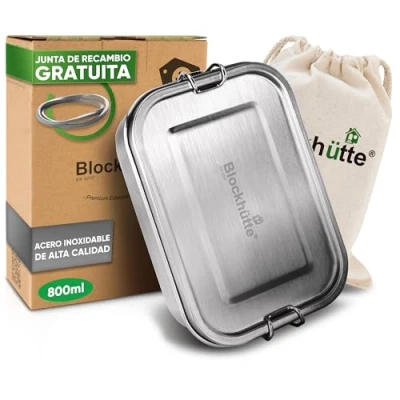 Imagen de Blockhuette Fiambreras Comida Trabajo Acero Inoxidable con 3 Compartimentos I 800ml Lunch box Hermetica, Metálico Infantil y Adulto, niños Trabajo, Sin BPA, Oficina