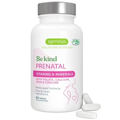 Imagen de Multivitamínico Prenatal Completo con Ácido Fólico como Folato, Colina, Calcio y Hierro, Ingredientes Puros Limpios, Vegano, 60 comprimidos, de Igennus