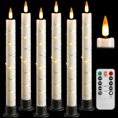 Imagen de Da by Vela LED con control remoto y temporizador, cono a batería guirnalda de luz, mecha dinámica 3D, juego 6, marfil 6 bases negras para la decoración del hogar