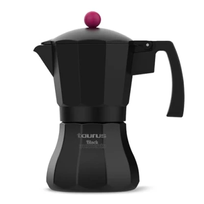 Imagen de Taurus Black Moments 12 Cafetera italiana, tazas, base y filtro de acero inoxidable, mango ergonómico, válvula seguridad, cierre silicona para mayor todos los fuegos, negro