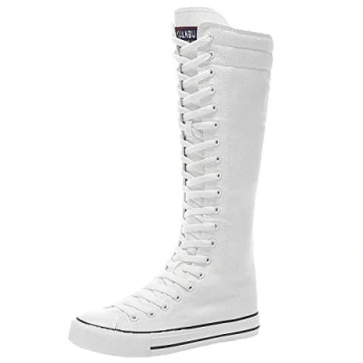 Imagen de ANUFER Niña Mujer Rodilla Alta Botas de Lona con Cordones Cremallera Plano Zapatos Deportivos F888 Blanco EU41