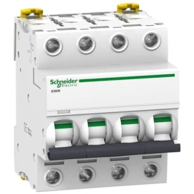 Imagen de Schneider Electric A9F74432 IC60N Disyuntor, Acti9, Curvatura C, 4P, 85 mm Altura x 72 Anchura 78.5 Profundidad, 32 A Corriente, 50/60 Hz, Blanco