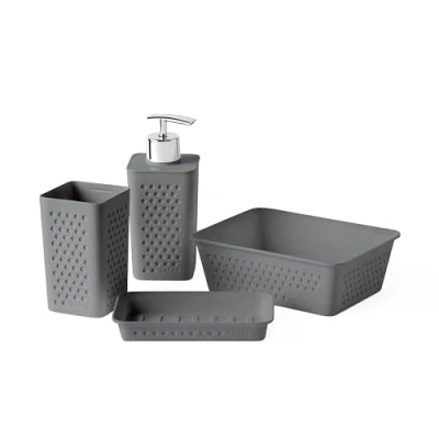 Imagen de Set de 4pcs Sobremesa baño (Vaso + Dispensador jabón Jabonera Organizador A6) Bohol, Polipropileno, Libre BPA, Plástico 100% Reciclado, Gris Antracita