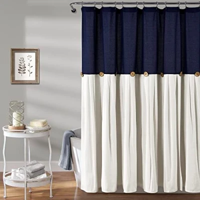 Imagen de Lush Decor Cortina de Ducha Plisada Lino con Botones para Granja, diseño Dos Tonos baño, 72 x Pulgadas, Azul Marino y Blanco Roto