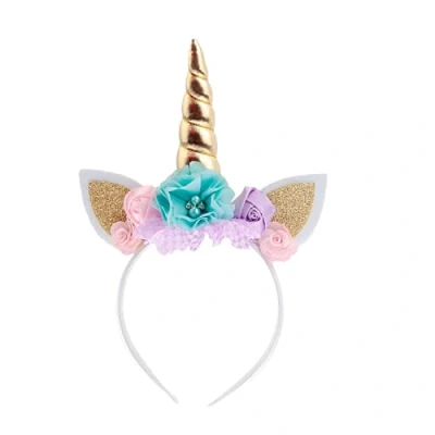 Imagen de Nishine Glitter Unicorn Horn Diadema Cat Ear Flower Diademas Accesorio para Unicornio Suministros fiestas de cumpleaños (Dorado)