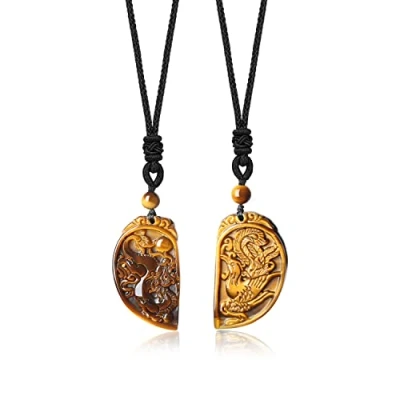 Imagen de COAI Collares para Parejas con Colgantes Dragón y Fénix de Ojo Tigre Piedra Natural