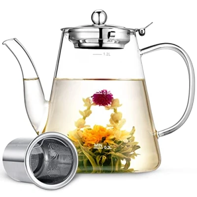 Imagen de Tetera Cristal, Zpose 1200 ml con Filtro Infusor Extraíble de Acero Inoxidable, Vidrio Resistente al Calor, Tea Pot Teteras para Té y Café