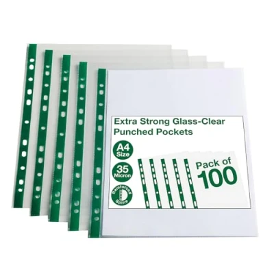 Imagen de SUMMIT Fundas perforadas de polietileno A4, cristal transparente, 100 carteras plástico