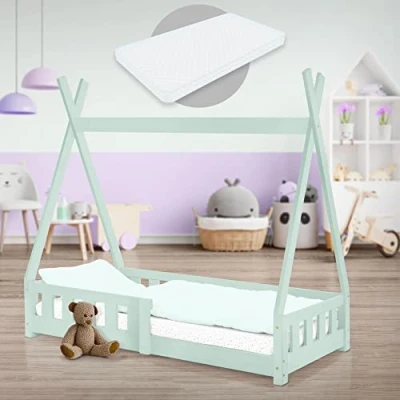 Imagen de ML Design Cama Infantil Tipi Verde Menta con Colchón 70x140 cm Protección Anticaída Y Somier Estructura Listones De Madera Maciza Pino para Niñas Niños Forma Casa Reja Juvenil Juego