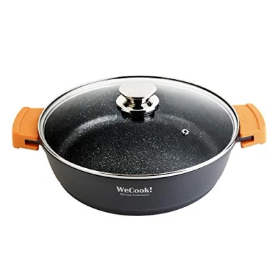 Imagen de WECOOK! Cacerola Baja Ecochef 28 cm Antiadherente QUANTANIUM Cooking Pot Inducción Full 5mm Tapa de Cristal Asas Silicona Extraíbles Apta Horno, Negro, Aluminio