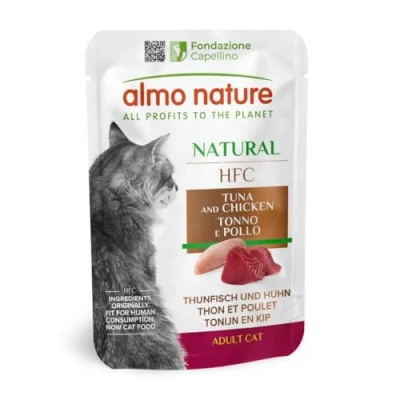 Imagen de almo nature Comida Húmeda para Gatos Natural de Atún y Pollo (24 Sobres x 55g). Alimento Gatitos Gourmet Monoproteíco HFC Cuisine. Snack Complementario sin Gluten.