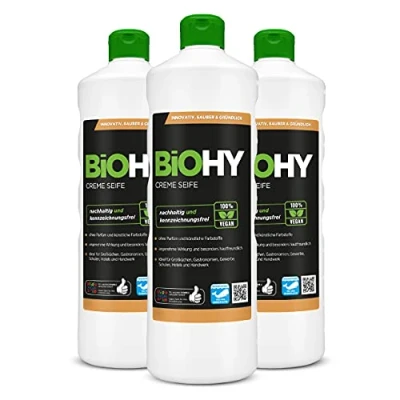 Imagen de BiOHY Crema DE Jabon (3 botellas 1 litro) Suave, hidratante e inodoro jabón manos del sector vegetal LIBRE FOSFATOS Sin perfume ni colorantes (Creme Seife)