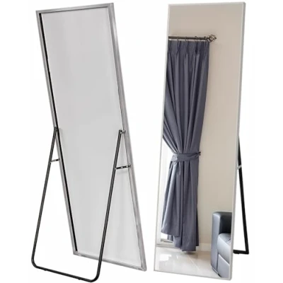 Imagen de Marctani Espejo de Pie Cuerpo Entero Grande y Largo Esquinas Cuadradas con Soporte Trasero Montaje Pared Apoyado Marco Metal para Dormitorio, Baño o Salon (Plateado 140x40)