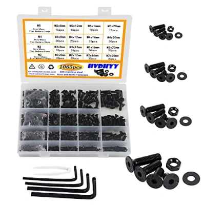 Imagen de HVDHYY 1065pcs M2 M3 M4 M5 Tornillos de Cabeza Botón Negros Máquina Acero Carbono Tuercas Arandelas Kit Surtido Redonda Con Caja Almacenamiento para Bricolaje Profesional