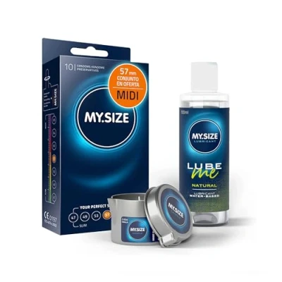 Imagen de paquete de ahorro MY.SIZE con preservativos 57 mm, 10 + lubricante natural 100 ml vela masaje