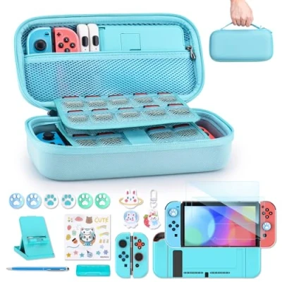 Imagen de Funda para NS Switch innoAura Accesorios 18 en 1 con Carcasa de Transporte Switch, videoJuegos Protector Pantalla Soporte Switch,Thumb Grips(Azul)