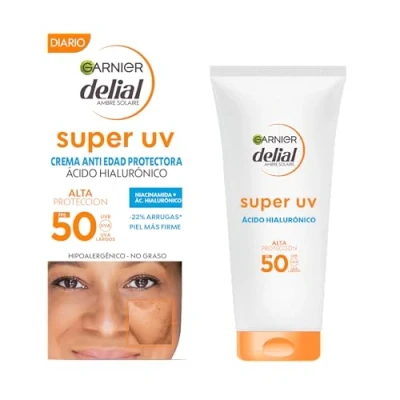 Imagen de GARNIER DELIAL Crema Solar Facial Uso Diário Alta Protección FPS50 Anti Edad Con Ácido Hialurónico, Reduce Arrugas Y Líneas De Expresión 50ml