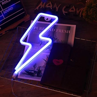 Imagen de Letrero de neón Lightning Bolt para pared, con luces LED neón, funciona pilas o USB, dormitorio, Navidad (azul)