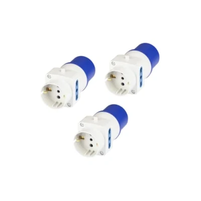 Imagen de POLYPOOL PP0642.3 Adaptador industrial triple con Clavija IEC309, 2 tomas de uso civil bivalentes y Toma Schuko Kit 3 adaptadores