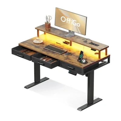 Imagen de OffiGo Mesa Elevable Escritorio con Cajones, Soporte para Monitor, 120cm Gaming Carga y Luces LED, Regulable Altura, Marrón