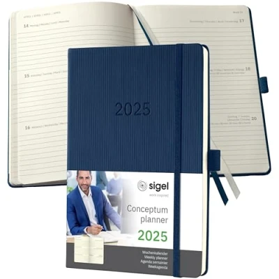 Imagen de SIGEL C2562 Conceptum Agenda semanal 2025, aprox. A5, azul oscuro, tapa dura, dos páginas = una semana, 192