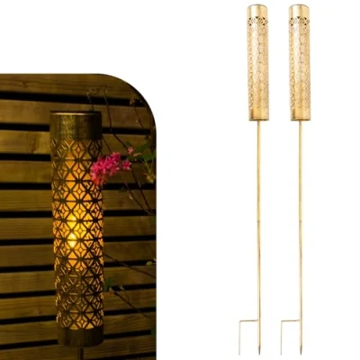 Imagen de Gadgy luces solares de jardín con efecto llama, juego 2 unidades, antorchas LED para exteriores metal, decoración exteriores, el (grande)