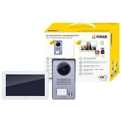 Imagen de Vimar K40945 Kit videoportero contenido: Wi Fi LCD 7in pantalla táctil, placa de entrada audio/vídeo 1 botón, alimentador con clavijas intercambiables, soporte, blanco