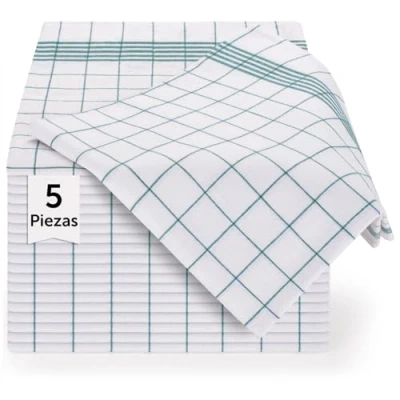 Imagen de Blumtal paños de cocina algodon 50x70cm en juego 5 trapos 100% para secar súper absorbentes verdes a cuadros