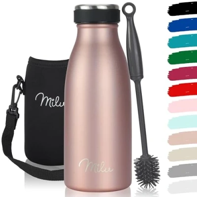 Imagen de Milu Botella térmica de acero inoxidable, 350, 500, 750, 1000 ml, para niños y adultos, a prueba fugas, apta bebidas con gas, aislante, incluye cepillo limpieza (oro rosa, 350 ml)