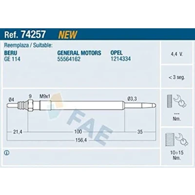 Imagen de FAE 74257 Bujía de precalentamiento 4,4V M 9x1 OPEL: Astra J Hatchback, Insignia A Berlina, Hatchback
