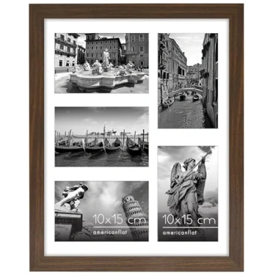 Imagen de Americanflat Collage Marcos de Fotos 28x36cm Apertura Frontal 5 Piezas 10x15cm MDF Nogal con Vidrio Resistente, Juego Pared Hogar, Oficina, Galería